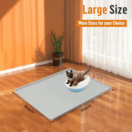 Silicone Cat Litter Mat, 24" x 24" Large Cat Litter Box Mat Litter Trapping Mat for Scatter Control, Waterproof, Soft on Kitty Paws, Clean Floor (Grey) - size: 24"L x 24"W