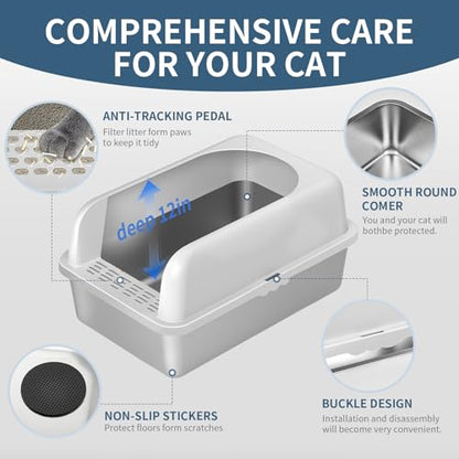 Prodigen Stainless Steel Cat Litter Box with Lid High Wall Sides Enclosure, Non-Sticky, Anti-Leakage, Easy Cleaning, with Cat Mat & Metal Scoop, 19.6" L x 14" W x 12" H