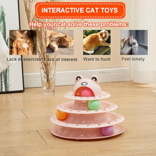 Cat Toys, 4-Level Turntable Ball Track Interactive Cat Toy for Indoor Cats, Self Play Fun Roller with Colorful Rotating Ball Puzzle Exercise Kitten Toys (Pink) - color: Pink