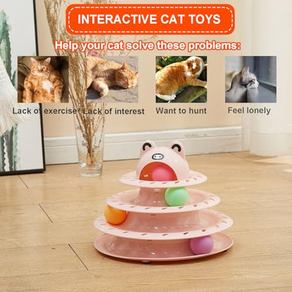 Cat Toys, 4-Level Turntable Ball Track Interactive Cat Toy for Indoor Cats, Self Play Fun Roller with Colorful Rotating Ball Puzzle Exercise Kitten Toys (Pink) - color: Pink