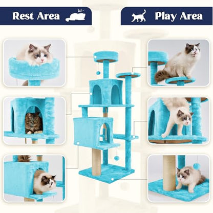 58.5inch Large Cat Tree Tower Condo for Indoor Cats, Soft Plush Multi-Level Climbing Tree Cat House, Scratching Post, More Entrance/Exit, Sisal Rope, Peacock Blue - color: Peacock blue