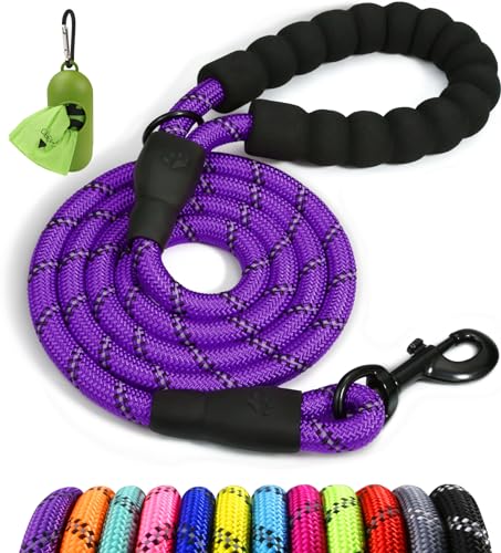 Taglory Rope Dog Leash 4 FT with Comfortable Padded Handle, Highly Reflective Threads Leash and Anti-Tangle Clip for Walking Medium Large Dogs, 1/2 inch, Purple - color: Purple, size: 1/2" x 4 FT (20~120 lbs.)