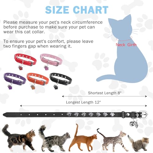 SCENEREAL Leather Cat Collar with Bell and Rivet, Personalized Stud Pet Collars with Safety Elastic Belt and Cute Paw Charm, Adjustable Soft Kitten Puppy Accessories for Boys Girls Cats, Black - color: Black