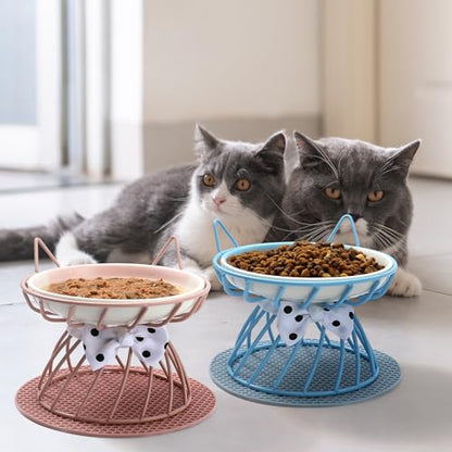 Raised Cat Food Bowl - Elevated Feeder Stand with Shallow Ceramic Dish, Whisker-Friendly No-Spill Water Bowl - color: Blue