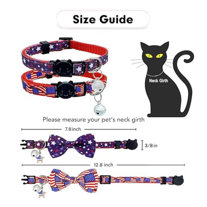 4th of July Cat Bow Tie Collar with Bell, Independence American Holiday Kitty Kitten Patriotic USA Flag Collars for Boys Girls Male Female Cats - color: Pattern 2