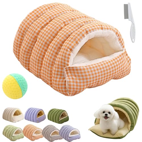 Winter Cave, Cozy Monster Cat Bed with Removable Washable Cushion, Soft Warm Plush Enclosed Tent Bed Cat House with Non-Slip Bottom for Cat and Dog (Orange Plaid, M) - color: Orange Plaid, size: M