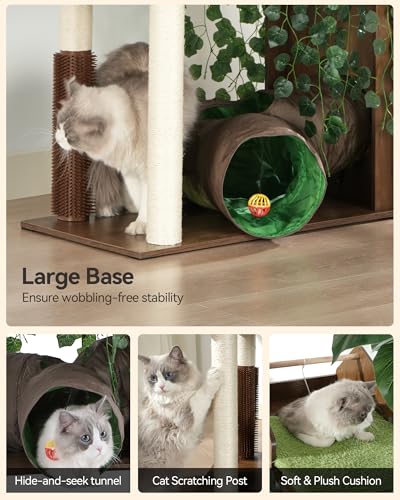 FourFurPets Large Cat Tree with Leaves, 72.8-Inch Cat Tower for Indoor Cats, Modern Cat Tree with Scratching Post, Large Perch, Tunnels, Swing Ball, Self Groomer, Greige - color: Greige