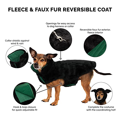 Furhaven Reversible Medium Dog Coat, Washable & Insulating w/ Leash Access - Faux Fur & Quilted Fleece Flex-Fit Jacket - Black/Green, Medium - color: Black/Green, size: Medium