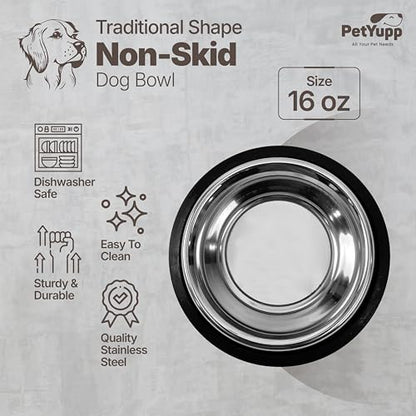 Stainless Steel Dog Bowl - Non-Skid Rubber Base, Rust-Proof & Dishwasher Safe – Durable Food and Water Bowl for Dogs and Cats - 16oz - size: Non Skid Bowl - 16 oz