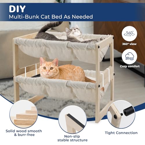 Cat Bed with Removable Washable Cushion, 9.5" Elevated Wooden Cat Hammock Bed, 360° Visibility Dog/Cat Cot with Cozy Winter Pads for Kitty, Puppy, Rabbit and All Pets - color: Cream Color (Thick)