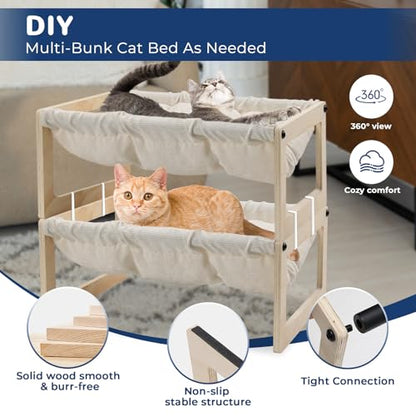 Cat Bed with Removable Washable Cushion, 9.5" Elevated Wooden Cat Hammock Bed, 360° Visibility Dog/Cat Cot with Cozy Winter Pads for Kitty, Puppy, Rabbit and All Pets - color: Cream Color (Thick)