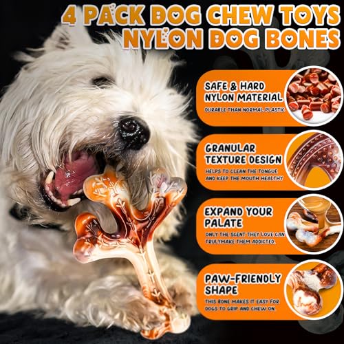 4-Pack Dog Chew Toys for Aggressive Chewers, Indestructible Nylon Bones with Bacon Flavor, Tough Durable Teeth Cleaning Chew Dog Toy for Large Medium Small Breeds - size: Medium