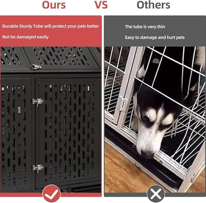 44 inch Heavy Duty Dog Crate with Wheels, Indestructible Escape-Proof Dog Kennel with Locking Latch and Double Door, Large XL Cage Indoor for Large and Medium Dog with Removable Tray - size: 43.3"L x 29.7"W x 46.3"H