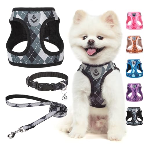 SCENEREAL Small Dog Harness and Leash Collar Set, Step in No Pull Soft Mesh Dog Harnesses for Small Medium Sized Dogs Puppy and Cats Outdoor Walking, No Chock Reflective Vest Harness, Black Plaid S - color: Black, size: S: Chest Girth: 14.5"-16"