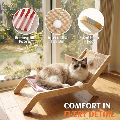 PETKARAY Beach Chair Cat Hammock, Elevated Cat Beds for Indoor Cats, Original Cozy Lounger with Sisal Scratcher and Toy Ball - color: Red