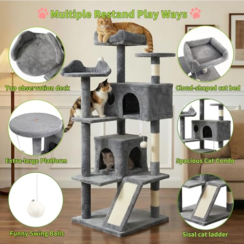 Pawly 52.5" Large Cat Tree with 2 Condos & Sisal Ramp, Premium CARB P2-Compliant Particle Board, 350G Plush Sturdy Cat Tower for Large Breeds, Senior Cats & Multi-Cat Household, Gray