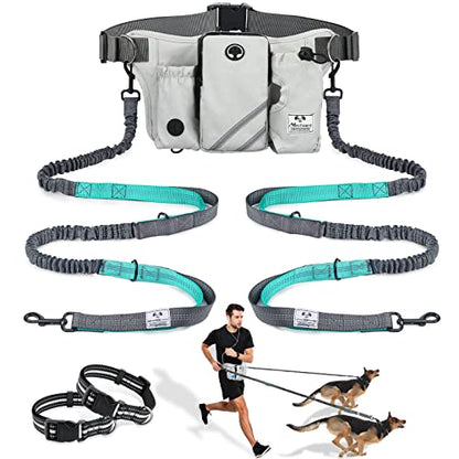 SHINE HAI Retractable Hands Free Dog Leash with Dual Bungees for 2 Dogs, Adjustable Waist Belt, Reflective Stitching Leash for Running Walking Hiking Jogging Biking Black - Gray - color: Gray