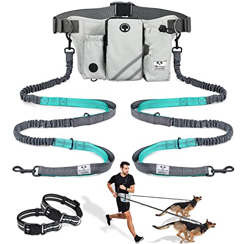 SHINE HAI Retractable Hands Free Dog Leash with Dual Bungees for 2 Dogs, Adjustable Waist Belt, Reflective Stitching Leash for Running Walking Hiking Jogging Biking Black - Gray - color: Gray