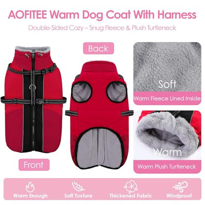 AOFITEE Dog Coat, Warm Dog Jacket with Harness Built-in, Waterproof Medium Dogs Cold Weather Coat with Zipper, Reflective Fleece Lined Pet Snow Jackets for Pug, Jack Russell, Boston Terrier, Red M - color: Red, size: Medium