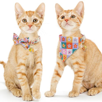 Faygarsle 2 Pack Floral Pattern Cat Collar Set with Bandana and Bow Tie, Breakaway Safety Buckle, Colorful Checkered Design - color: Colorful Plaid
