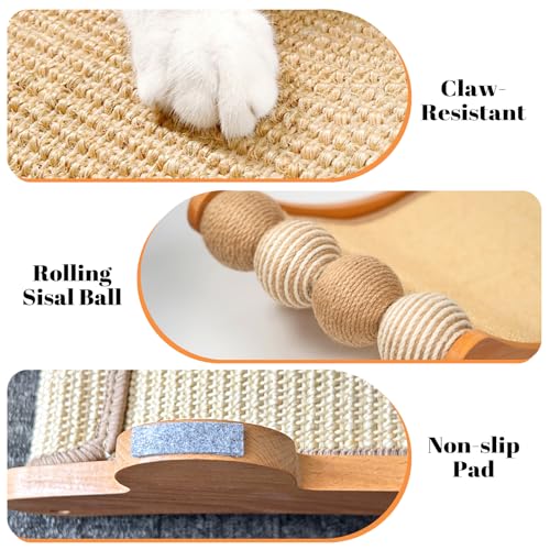 Sisal Cat Scratcher Bed with Balls Cat Scratching Post for Indoor Cats Hammock, Natural Sisal Cat Scratch Wooden Cat Furniture(Large)