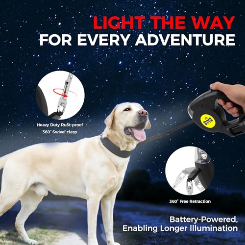 Retractable Dog Leash with Flashlight for Night Walks - 16FT Retractable Leash with Comfort Grip and Integrated Waste Bag Dispenser for Cats,Medium,Large,Small Dogs(Black-Large) - color: Black-Large