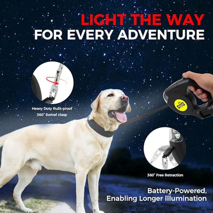 Retractable Dog Leash with Flashlight for Night Walks - 16FT Retractable Leash with Comfort Grip and Integrated Waste Bag Dispenser for Cats,Medium,Large,Small Dogs(Black-Large) - color: Black-Large