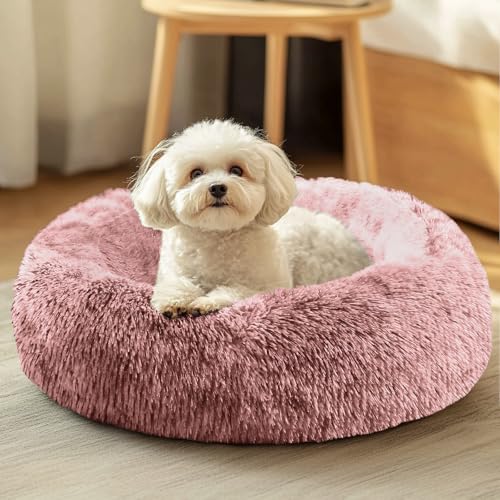 JOLLYVOGUE Dog & Cat Bed, Calming Anti-Anxiety Pet Bed for Small Dogs, Fluffy Donut Cushion for Small and Medium Pets (20") - color: Smoke Pink, size: 20"