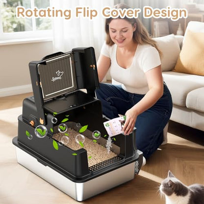L8 Ultra-XXXL Stainless Steel Litter Box with Smart Odor Control System, 28"L x 20.5"W x 17.4"H Large Cat Litter Box with Lid for Big Cats, High Sided Enclosure with Scoop & Mat, Anti-Leakage-Black - color: Dark Black