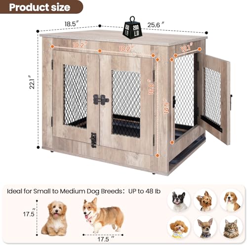 Agitree Wooden Dog Crate Furniture - Wire Mesh Door Decorative Dog Kennel End Table for Puppies, Cats, Rabbits - Indoor Use for Living Room, Bedroom(Gray) 25.59×18.58×21.61 inches