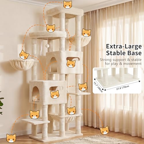 Heybly Cat Tree, 74.8-Inch Spacious & Tall Cat Tower for Large Cats, Cat Furniture with Large Top Perch, Solid Base, 2 Cat Condos, Hanging Hammock, Durable Sisal Scratching Posts, Beige HCT062M - color: Beige