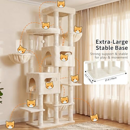 Heybly Cat Tree, 74.8-Inch Spacious & Tall Cat Tower for Large Cats, Cat Furniture with Large Top Perch, Solid Base, 2 Cat Condos, Hanging Hammock, Durable Sisal Scratching Posts, Beige HCT062M - color: Beige