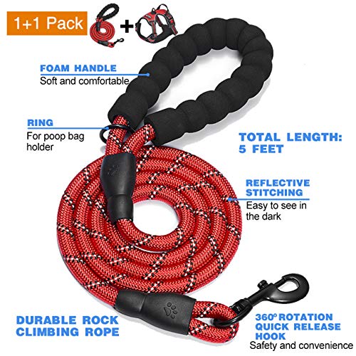 tobeDRI No Pull Dog Harness Adjustable Reflective Oxford Easy Control Medium Large Dog Harness with A Free Heavy Duty 5ft Dog Leash - color: Red Harness+Leash, size: Medium
