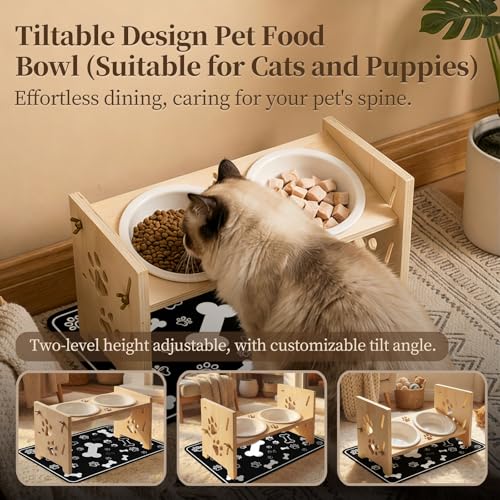 2026 New Elevated Cat Bowls with Food Mat, Adjustable Height & Angle Raised Cat & Dog Bowls Stand for Food and Water, Cat or Small Dog Feeding Station, 2 Ceramic Bowls for Cats and Puppy(Natural Wood) - color: nature