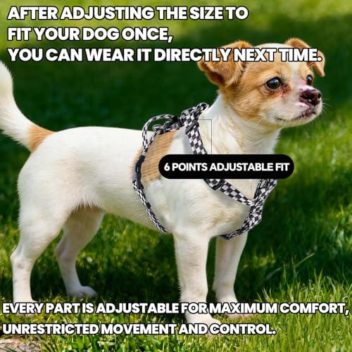 Roses&Poetry Dog Harness Small Sized Dog, 6 Point Adjustable Fit No Pull Harness with Handle for Control and Easy Walking, Reflective Pet Halter Harnesses（Blackwhite-S） - color: Checkered（Harness Only Without Leash）, size: S