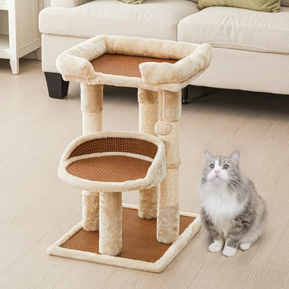 Multi-Level Cat Tower with Scratching Posts, Cat Tree with Double Cat Bed & Hanging Toys, Cute Climbing Tower with Sisal Scratcher for Kittens & Adult Cats, Cream White - color: Cream White
