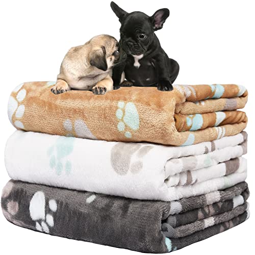 Rezutan Small Dog Blankets 3 Pack for Pet Cat Soft Fuzzy Washable Puppy Blankets, Reversible Paw Print Suitable for Dog Kennels & Beds Sofas Gifts Puppy Essentials, 23x16 inch - color: Grey/Brown/White, size: Small,23x16Inch