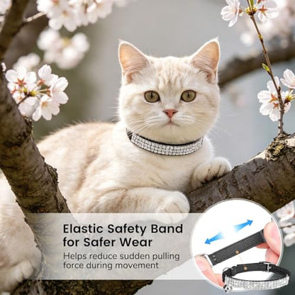 BINGPET Diamond Cat Collar with Bell, Adjustable Soft Velvet Bling Rhinestone Cat Collar, Sparkly Kitten Collar with Safety Elastic & Metal Buckle for Small Medium Cats - color: Black(Rhinestones), size: Neck Girth 8"-10"