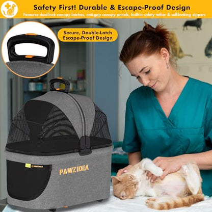 PAWZIDEA Portable Small Dog Crate for Car Travel up 33lbs, Enclosed Dog Car Seat Soft-Sided, Escape-Proof Reversible No-Zip Canopy, Foldable Pet Carrier Seatbelt for Small Medium Puppies & Cats Kennel - color: Mid-Hemp Grey, Small/Medium