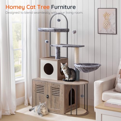 HOOBRO Cat Tree with Litter Box Enclosure, Arched All-in-One 31.5" Cat Tower with Hidden Litter Box Furniture for Indoor Cats, Versatile Cat Condo with Sisal Posts, Hammock, Greige and Gray BG45MZ03 - color: Greige and Gray