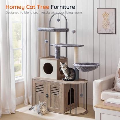 HOOBRO Cat Tree with Litter Box Enclosure, Arched All-in-One 31.5" Cat Tower with Hidden Litter Box Furniture for Indoor Cats, Versatile Cat Condo with Sisal Posts, Hammock, Greige and Gray BG45MZ03 - color: Greige and Gray