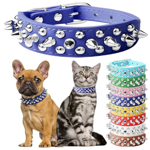 Spiked Small Dog Collars, Spiky Puppy Collar Durable PU Leather Girl Female Male Rivet Studded Spike Pet Collars for XXS XS Small Medium Large Dogs Blue XS - color: Blue, size: XS(Neck 8-10")