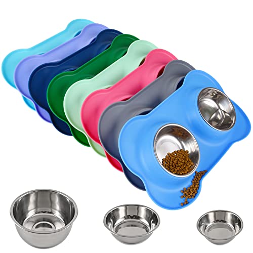 Dog Bowls 2 Stainless Steel Bowl for Pet Water and Food Feeder with Non Spill Skid Resistant Silicone Mat for Pets Puppy Small Medium Cats Dogs - color: Blue, size: 13½ oz ea