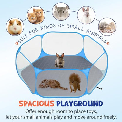 Pawaboo Small Animals Playpen with Pad, Waterproof Small Pet Cage Tent with Reusable Pad, Portable Outdoor Yard Fence for Chick/Kitten/Puppy/Guinea Pig/Rabbits/Chinchillas, Blue+Gray - color: Blue+Gray