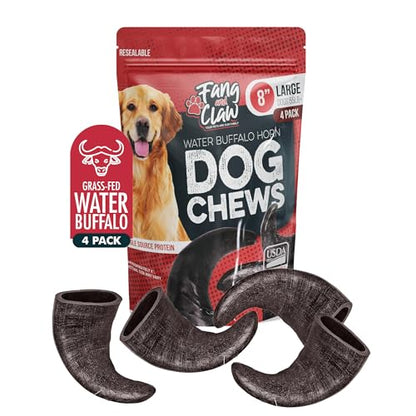4 Pack Water Buffalo Horns for Dogs, Large 8 Inch - Natural Antler & Rawhide Bone Alternative for Aggressive Chewers, Long Lasting Single-Source Grass-Fed Dog Chew - style: 4 Horns - Large 8"