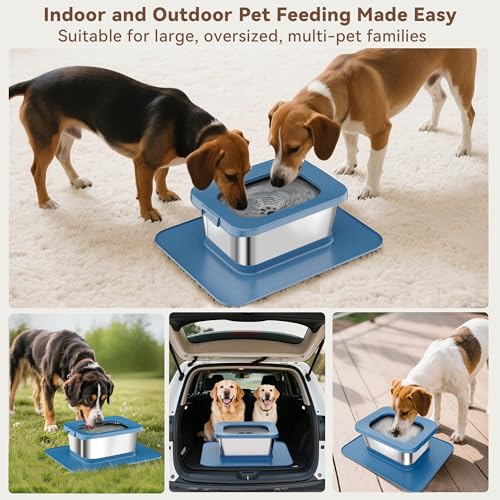 10L No Spill Dog Water Bowl, 2.6 Gal Stainless Steel No Splash Large Dog Water Bowl with Non-Slip Silicone Mat, Spill Proof Slow Drinking Pet Bowls for Messy Drinkers Indoor/Outdoor Use Blue - color: Blue