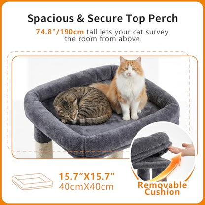 Heybly Cat Tree, 74.8-Inch Spacious & Tall Cat Tower for Large Cats, Cat Furniture with Large Top Perch, Solid Base, 2 Cat Condos, Hanging Hammock, Durable Sisal Scratching Posts, Smoky Gray HCT062G - color: Smoky Gray