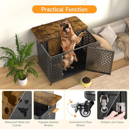 ONBRILL Heavy Duty Dog Crate Furniture for Large and Medium Dogs, 43.7 Inch Large Dog Crate Kennel with Flip Top & Cushion & Wheels, Escape Proof Pet Cage,Wooden Cage Kennel Furniture Indoor - size: 43.7"L x 29.9"W x 31.7"H