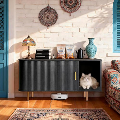 DHH Cat Litter Box Enclosure with Scratch Pad, Sliding Door, 38.5" Cat Litter Furniture Hidden Litter Box Cabinet, Modern Indoor Cat House, TV Stand, Side End Table for Living Room(Black) - color: Black