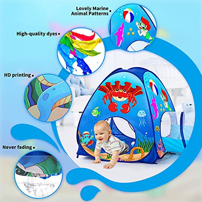 SISTICKER 3pc Kids Play Tent: with Baby Ball Pit and Crawl Tunnel - Toddler Pop Up Climbing Toys - Indoor Outdoor Playhouse - Gift for Year Old Boys Girls (Balls NOT Included) - style: Ocean